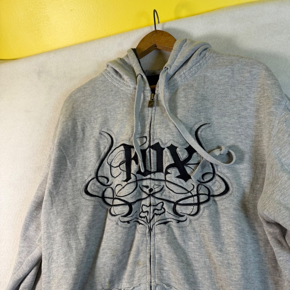 Fox Racing Mens Gray Embroidered‎ Tribal Logo Full Zip Hoodie Sweatshirt Large